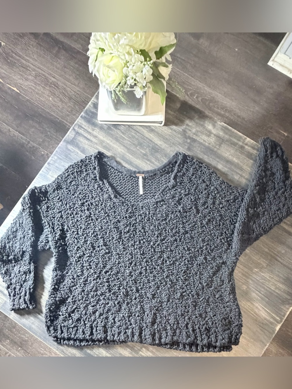 Free People Black Textured V-Neck Knit Sweater Oversized Relaxed Fit